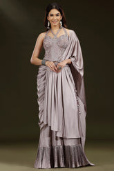 Dusty Mauve Satin Silk Embellished Corset Lehenga with Attached Dupatta